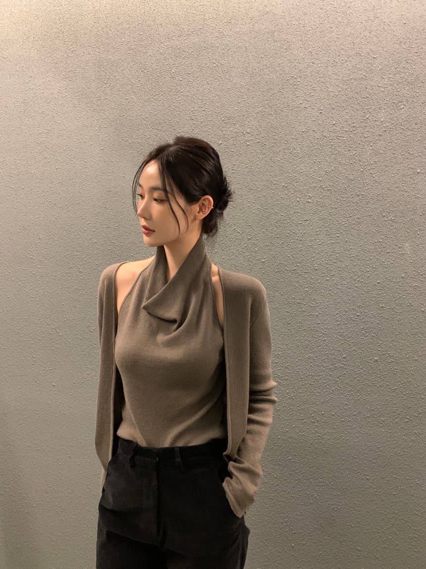 있음 선적 사이즈 업데이트 한국 chic 가을 새로운 디자인 센스 패치워크 페이크 레이어드 니트 스웨터 상세 이미지 3