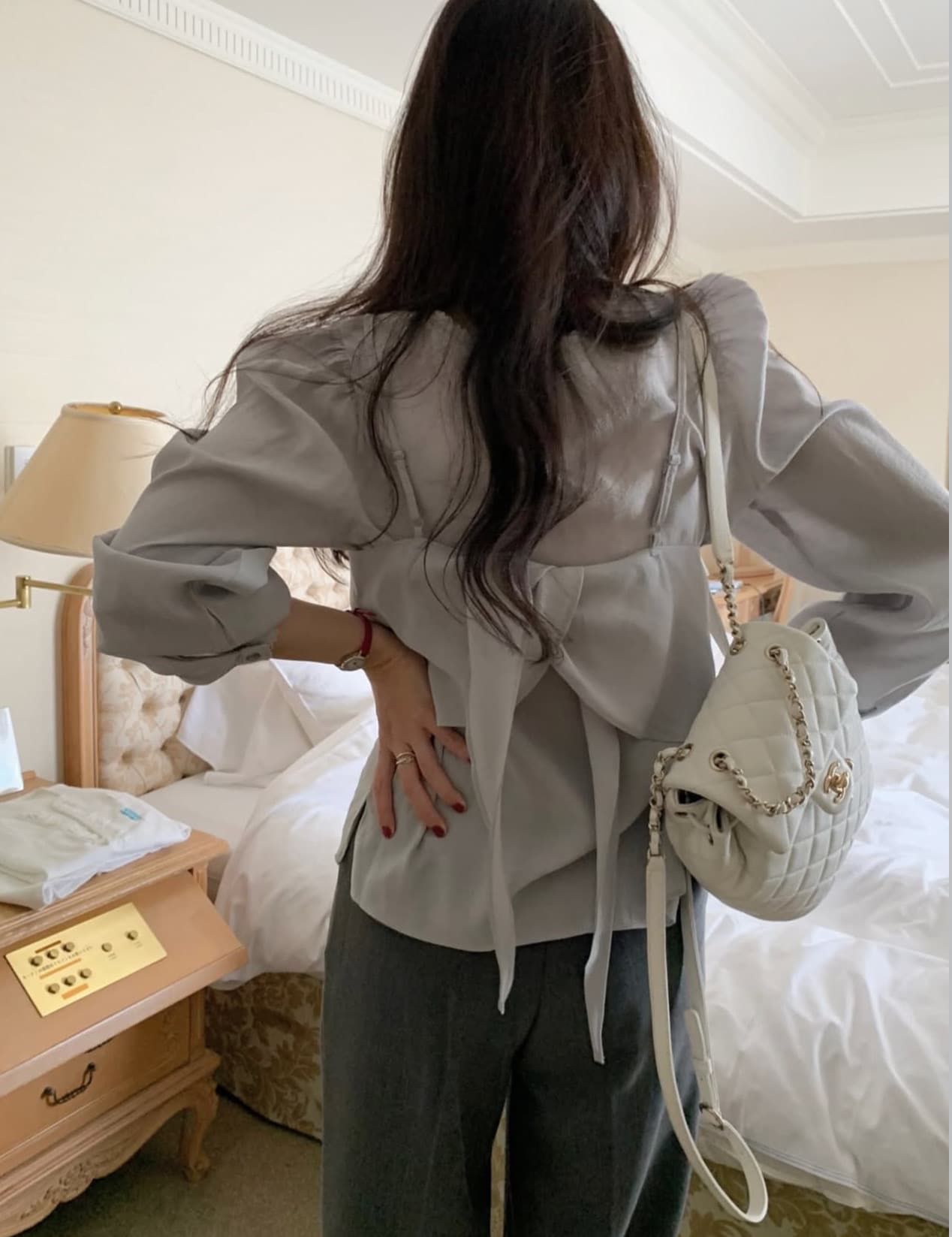 한국 chic 가을 새로운 한 부서 뒤로 레이스업 레이스 측면 작은 슬링 투피스 세트 셔츠 이미지 4