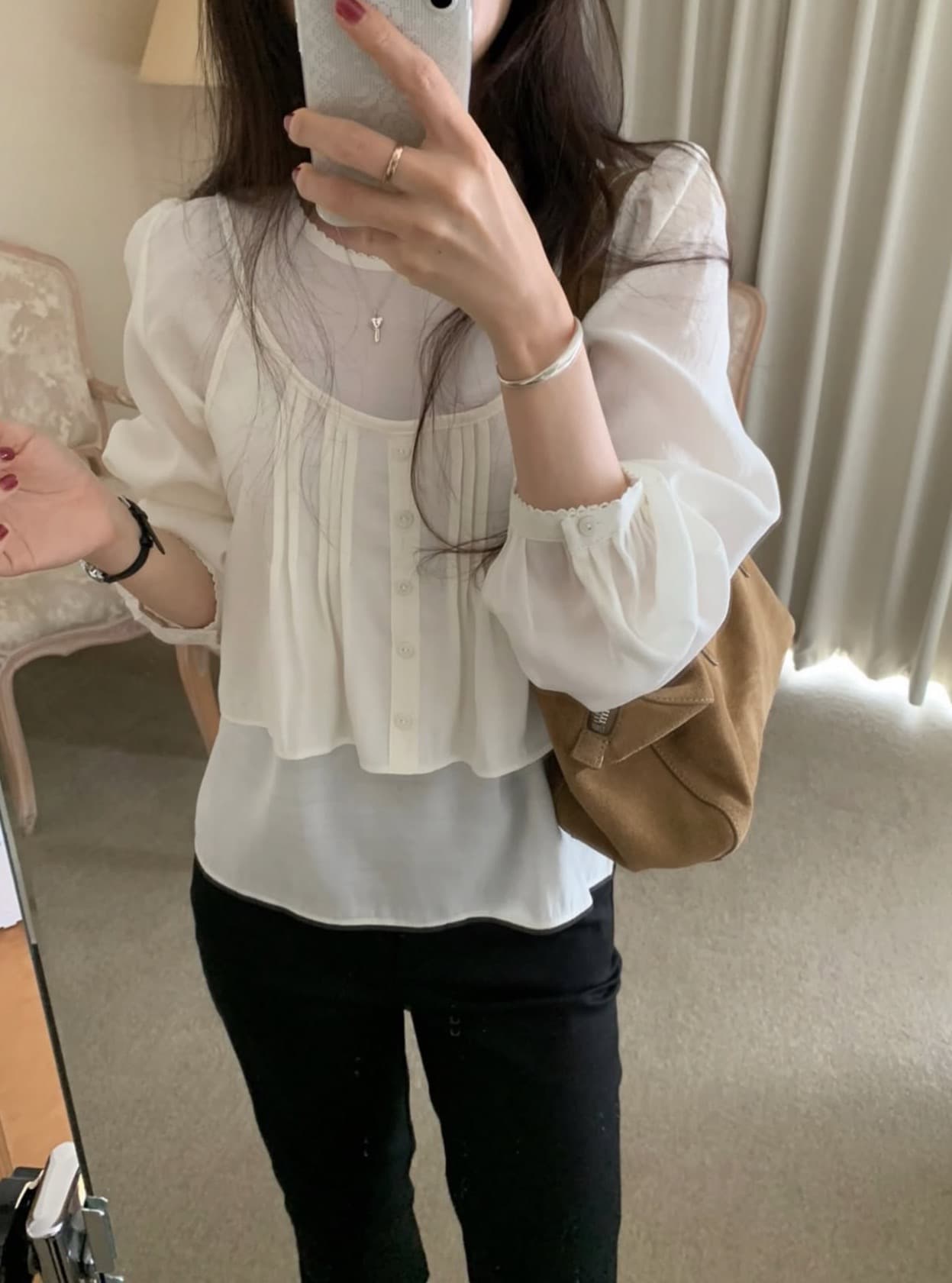 한국 chic 가을 새로운 한 부서 뒤로 레이스업 레이스 측면 작은 슬링 투피스 세트 셔츠 상세 이미지 2