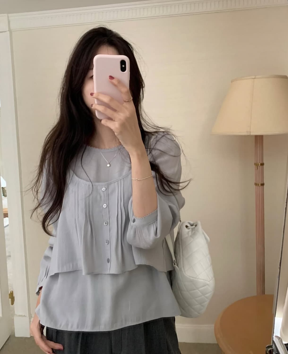 한국 chic 가을 새로운 한 부서 뒤로 레이스업 레이스 측면 작은 슬링 투피스 세트 셔츠 상세 이미지 3