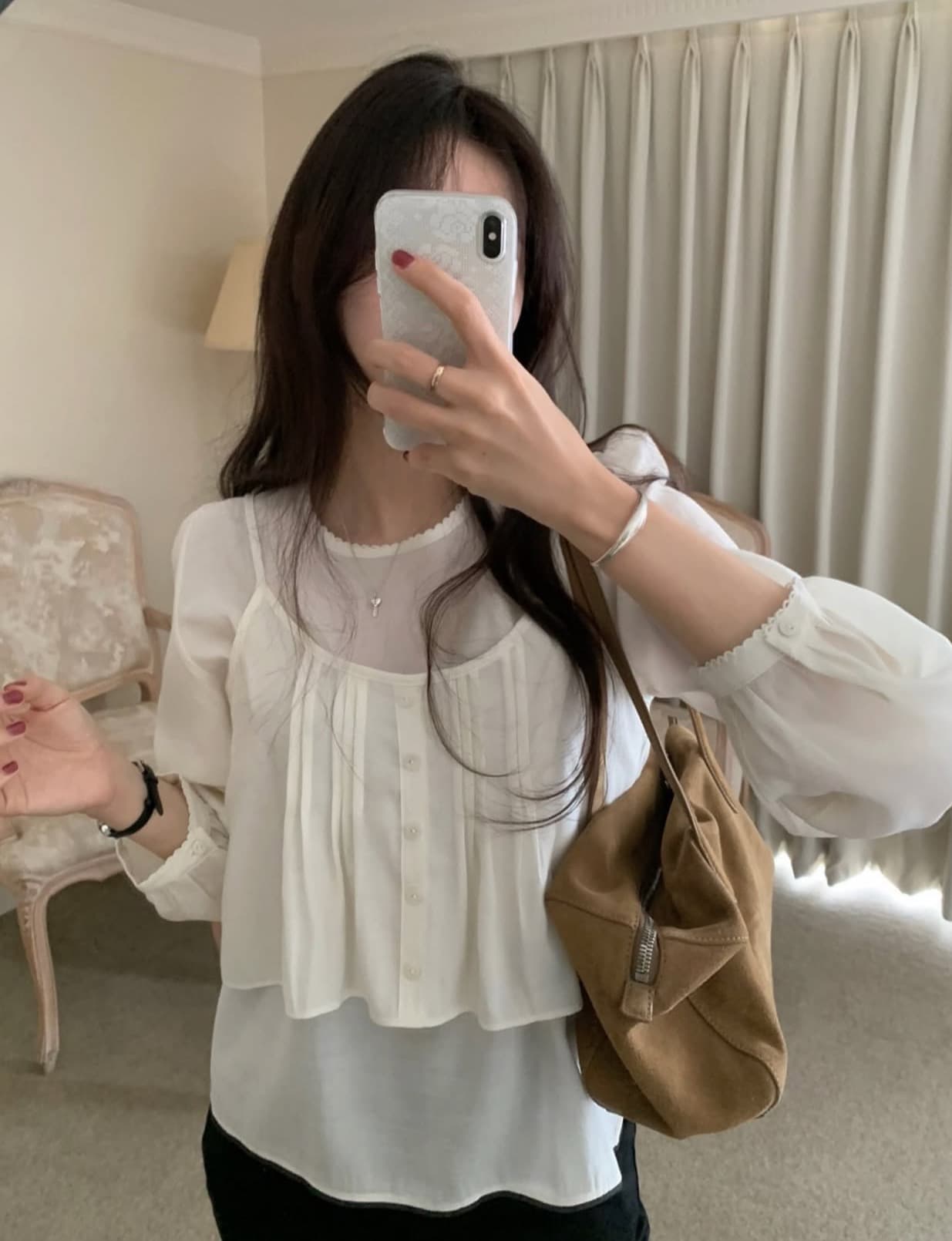 한국 chic 가을 새로운 한 부서 뒤로 레이스업 레이스 측면 작은 슬링 투피스 세트 셔츠 상세 이미지 11
