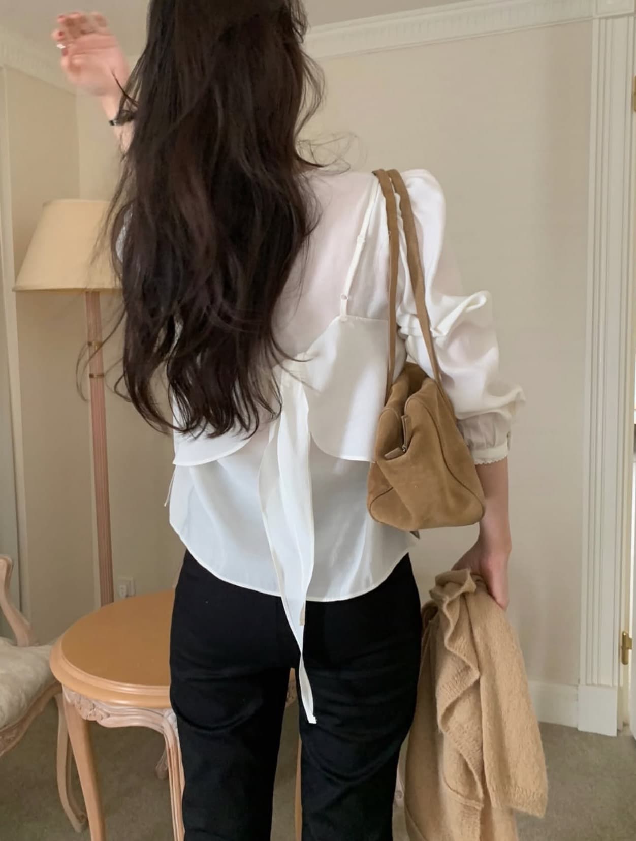 한국 chic 가을 새로운 한 부서 뒤로 레이스업 레이스 측면 작은 슬링 투피스 세트 셔츠 상세 이미지 12