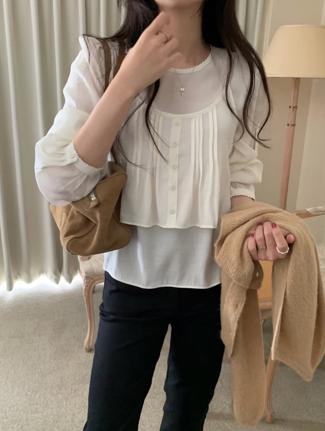 한국 chic 가을 새로운 한 부서 뒤로 레이스업 레이스 측면 작은 슬링 투피스 세트 셔츠 상세 이미지 14