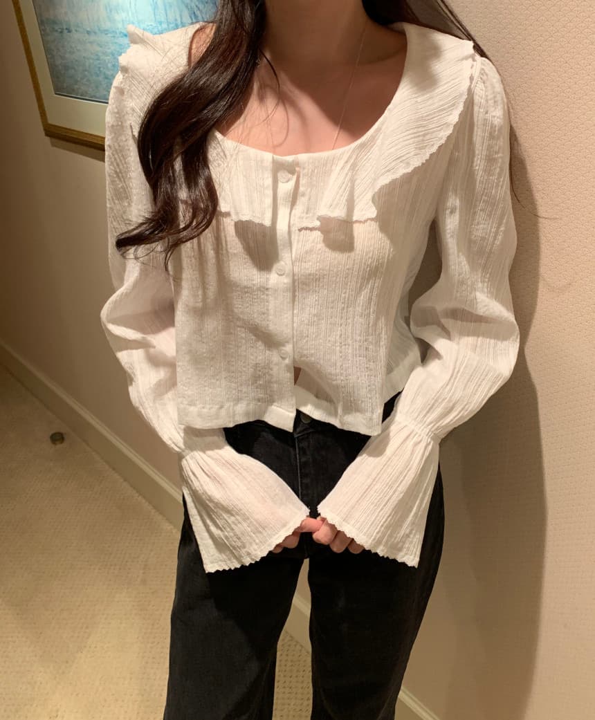있음 선적 사이즈 업데이트 한국 chic 가을 겨울 새로운 광장 칼라 프릴 나팔 소매 쇼트 스타일 셔츠