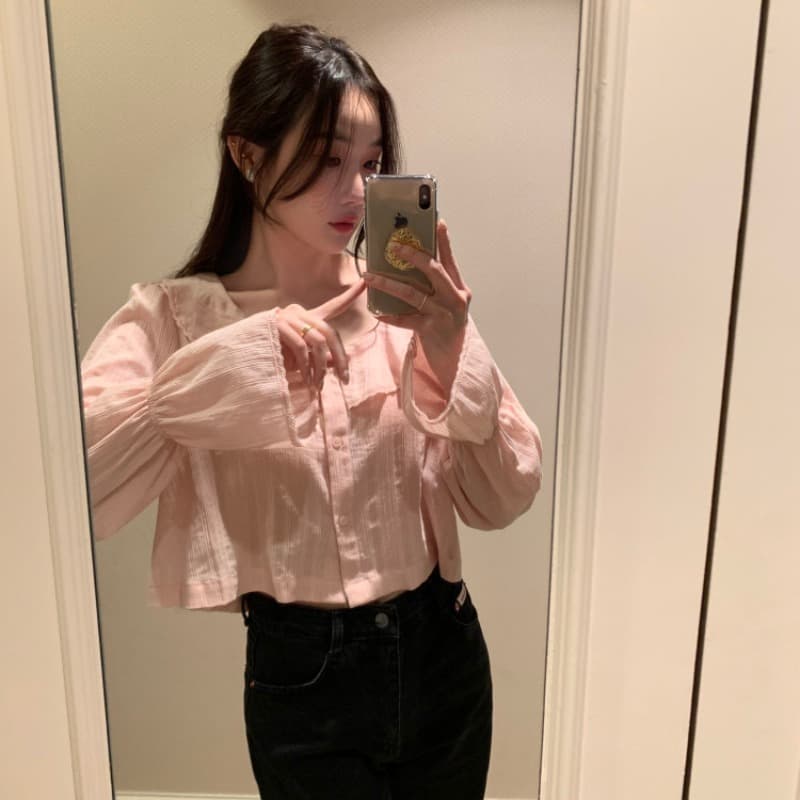 있음 선적 사이즈 업데이트 한국 chic 가을 겨울 새로운 광장 칼라 프릴 나팔 소매 쇼트 스타일 셔츠 이미지 2