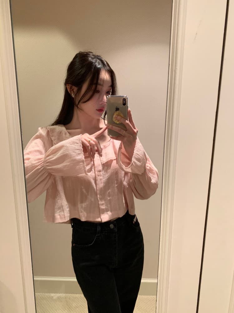 있음 선적 사이즈 업데이트 한국 chic 가을 겨울 새로운 광장 칼라 프릴 나팔 소매 쇼트 스타일 셔츠 상세 이미지 4