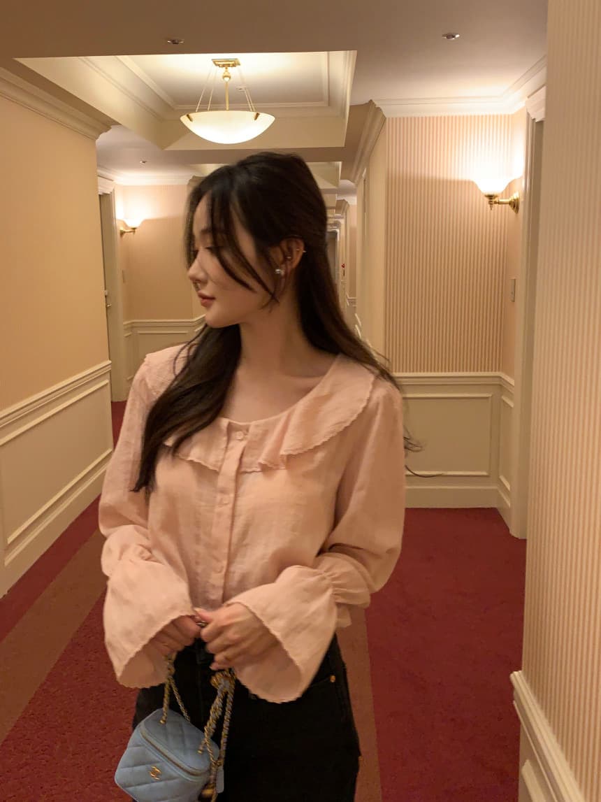 있음 선적 사이즈 업데이트 한국 chic 가을 겨울 새로운 광장 칼라 프릴 나팔 소매 쇼트 스타일 셔츠 상세 이미지 11