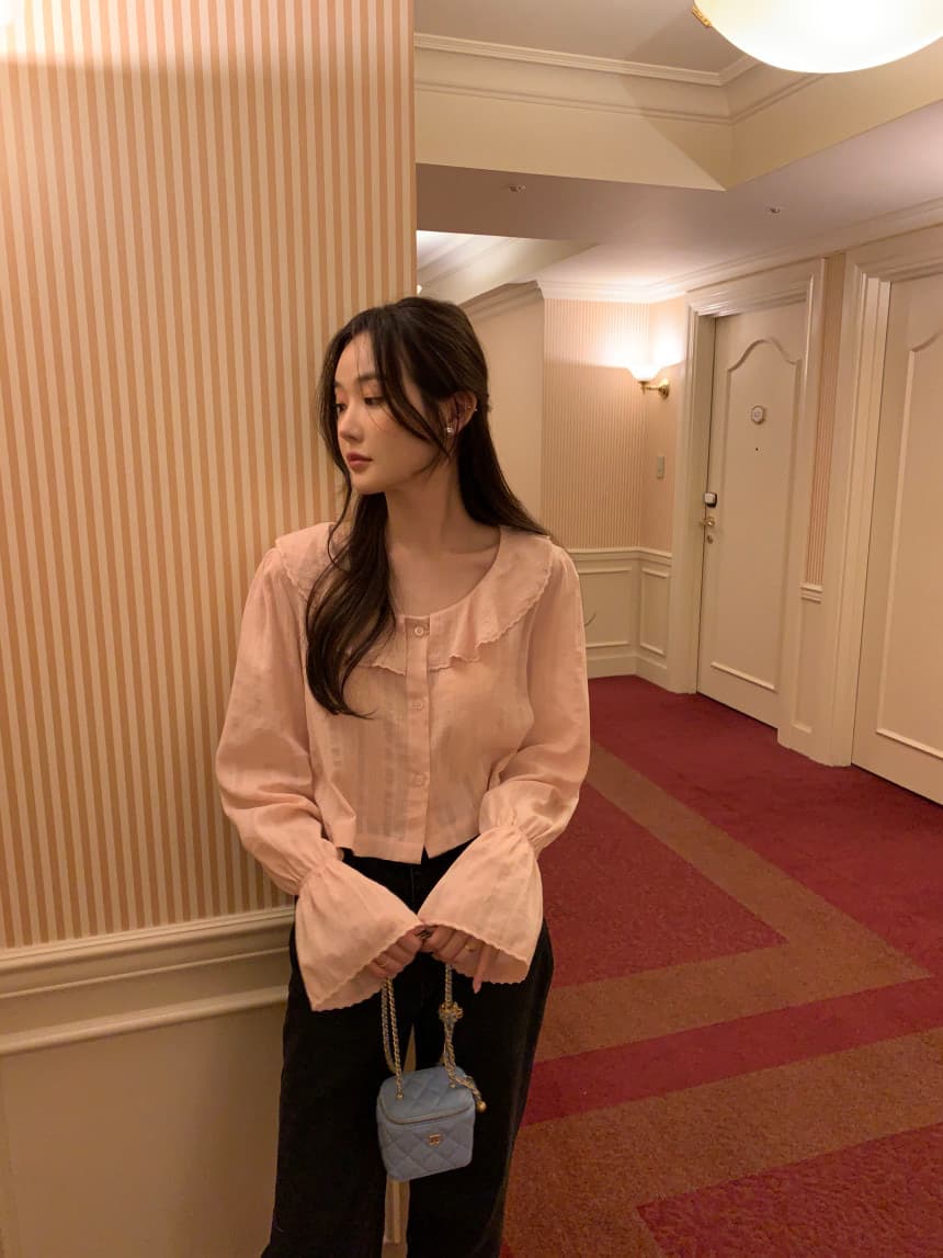 있음 선적 사이즈 업데이트 한국 chic 가을 겨울 새로운 광장 칼라 프릴 나팔 소매 쇼트 스타일 셔츠 상세 이미지 12