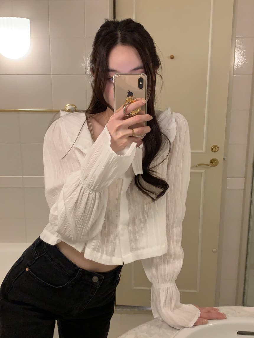 있음 선적 사이즈 업데이트 한국 chic 가을 겨울 새로운 광장 칼라 프릴 나팔 소매 쇼트 스타일 셔츠 상세 이미지 24