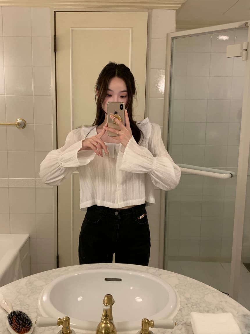 있음 선적 사이즈 업데이트 한국 chic 가을 겨울 새로운 광장 칼라 프릴 나팔 소매 쇼트 스타일 셔츠 상세 이미지 29