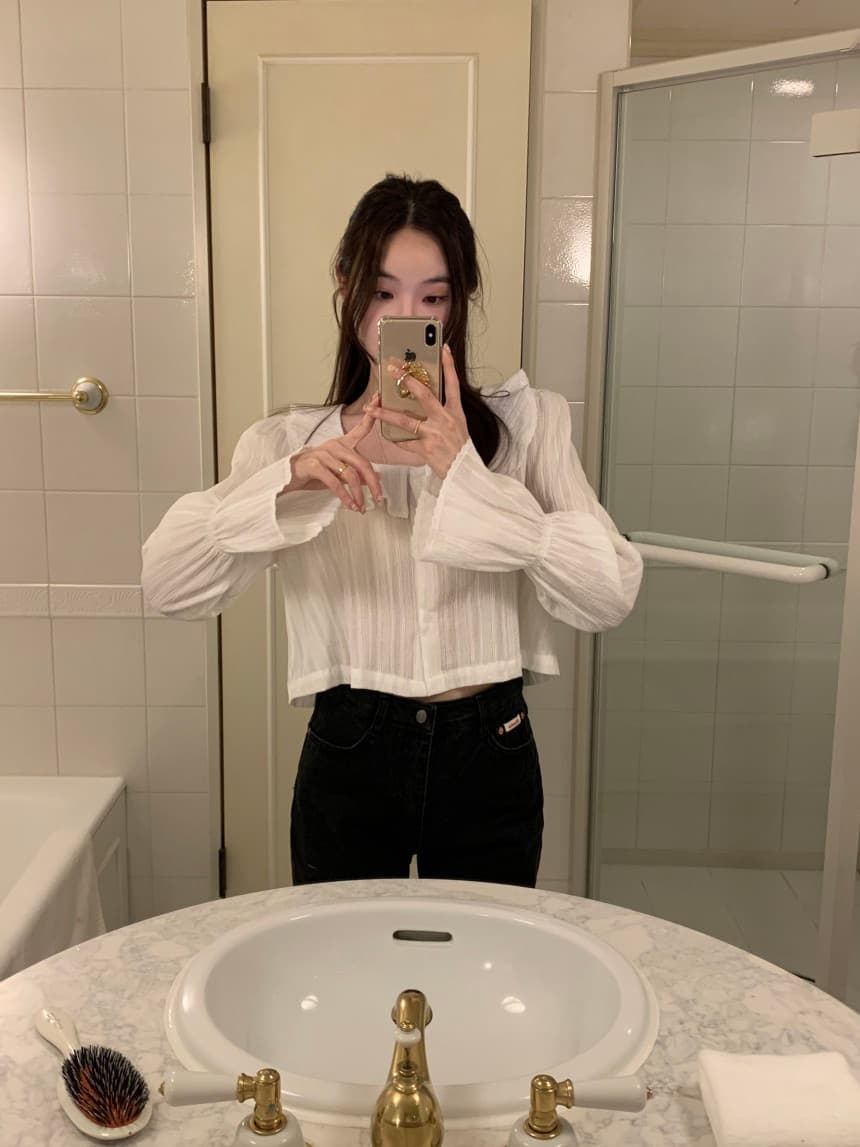 있음 선적 사이즈 업데이트 한국 chic 가을 겨울 새로운 광장 칼라 프릴 나팔 소매 쇼트 스타일 셔츠 상세 이미지 30