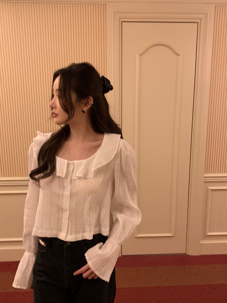 있음 선적 사이즈 업데이트 한국 chic 가을 겨울 새로운 광장 칼라 프릴 나팔 소매 쇼트 스타일 셔츠 상세 이미지 40
