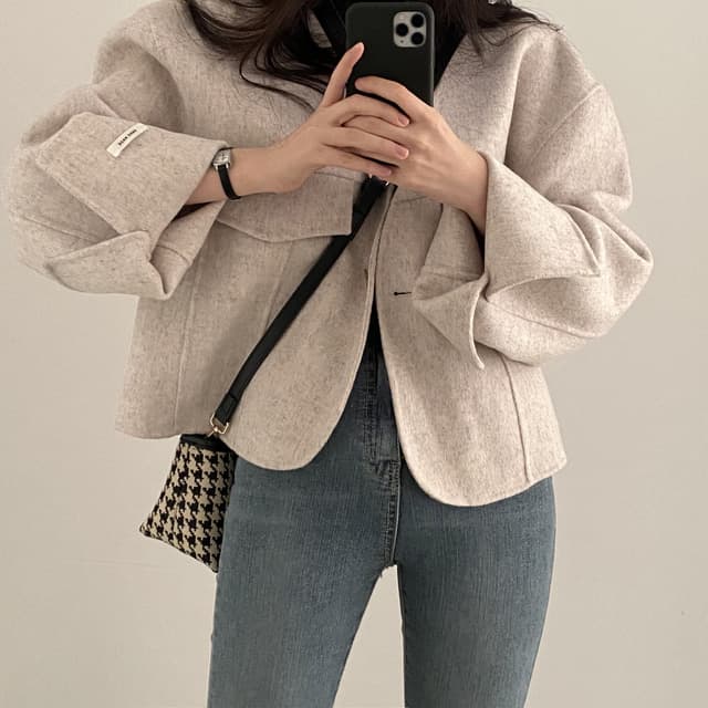있음 선적 사이즈 업데이트 겨울 레트로 미니멀리즘 V넥 롤 슬리브 모직 여성 코트 루즈핏 쇼트 스타일 연령 감소 오픈 가디건 상세 이미지 10
