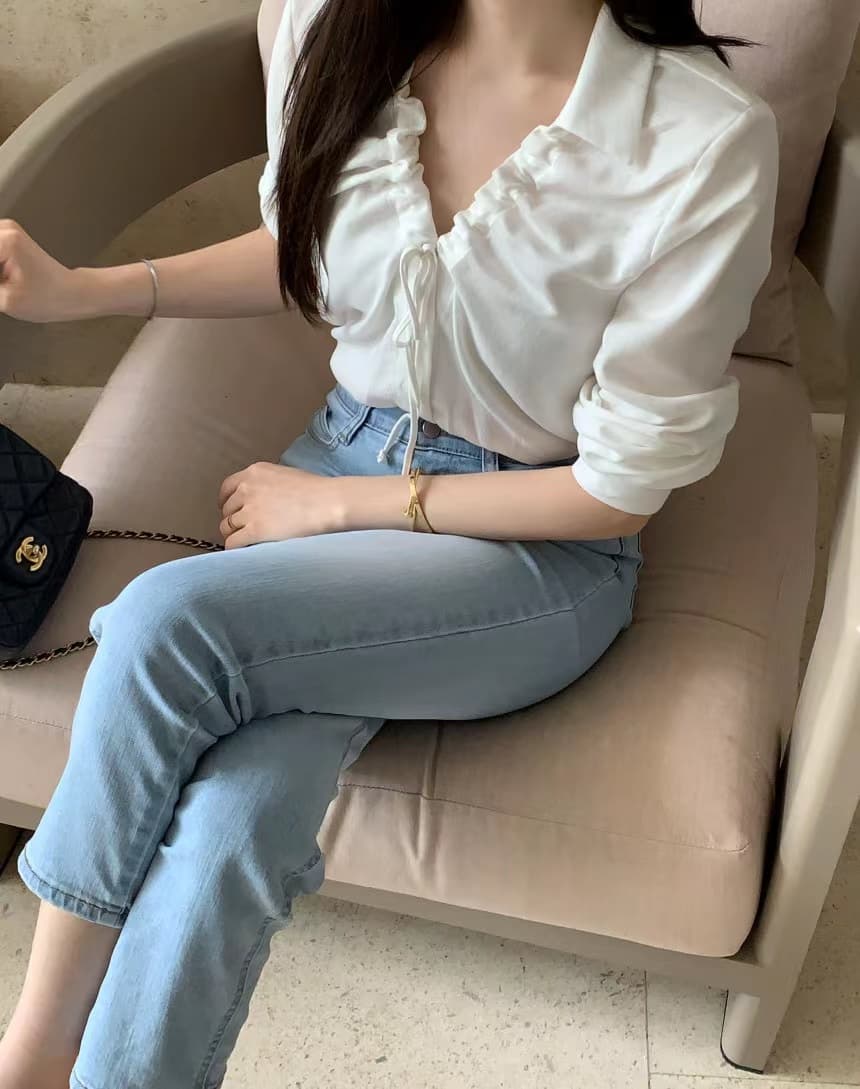 있음 선적 사이즈 업데이트 한국 chic 가을 새로운 품격 V넥 펌프 로프 레이스업 긴팔 셔츠 이미지 3