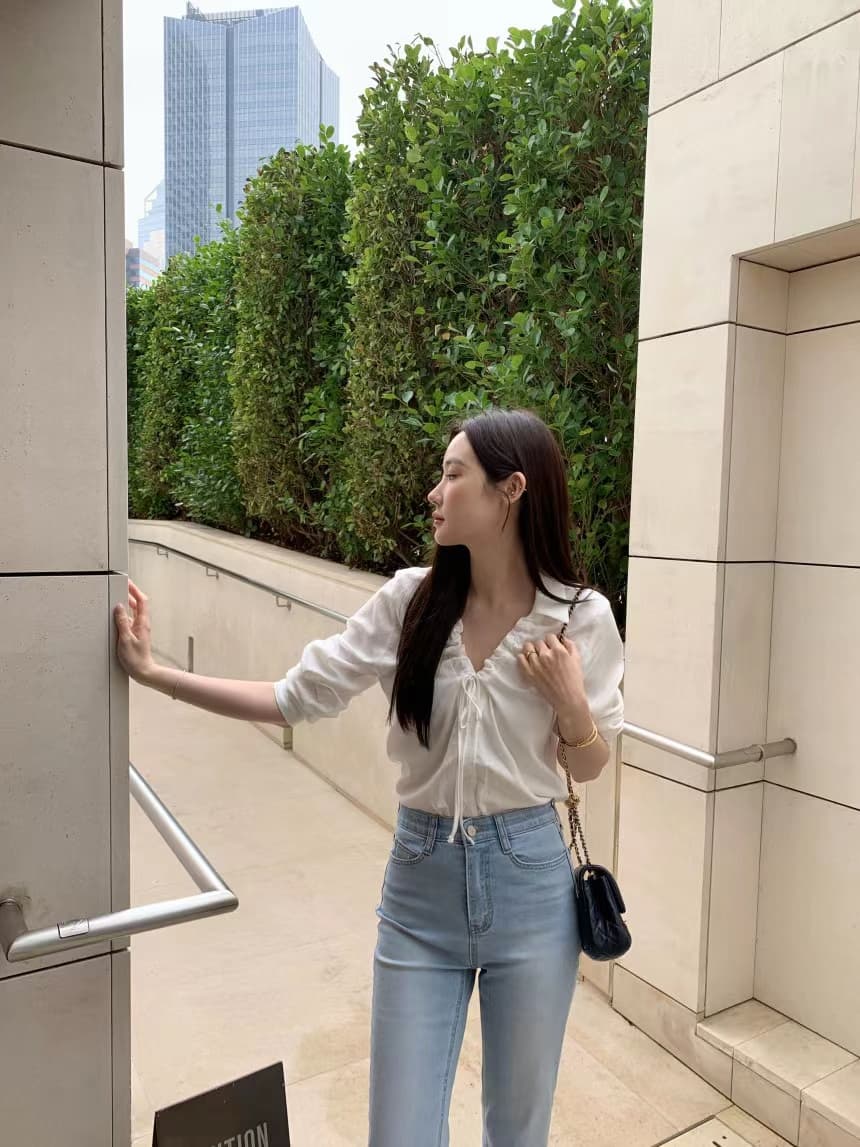 있음 선적 사이즈 업데이트 한국 chic 가을 새로운 품격 V넥 펌프 로프 레이스업 긴팔 셔츠 상세 이미지 21