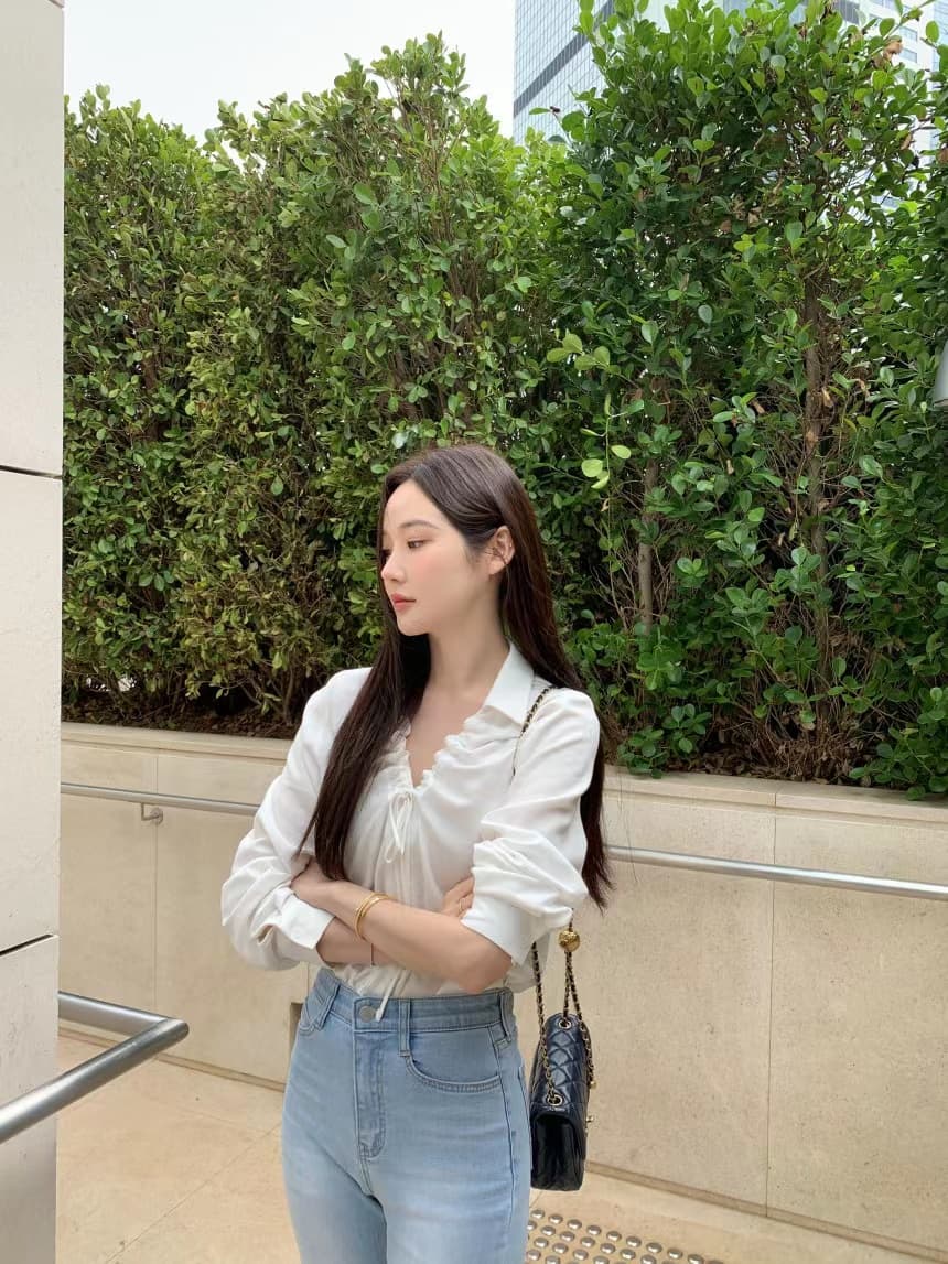 있음 선적 사이즈 업데이트 한국 chic 가을 새로운 품격 V넥 펌프 로프 레이스업 긴팔 셔츠 상세 이미지 25