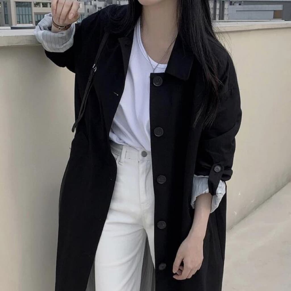 있음 선적 사이즈 업데이트 한국 chic 가을 겨울 한 부서 싱글 줄 버튼 롱 코트 바람막이 루즈핏 캐주얼 재킷 이미지 4