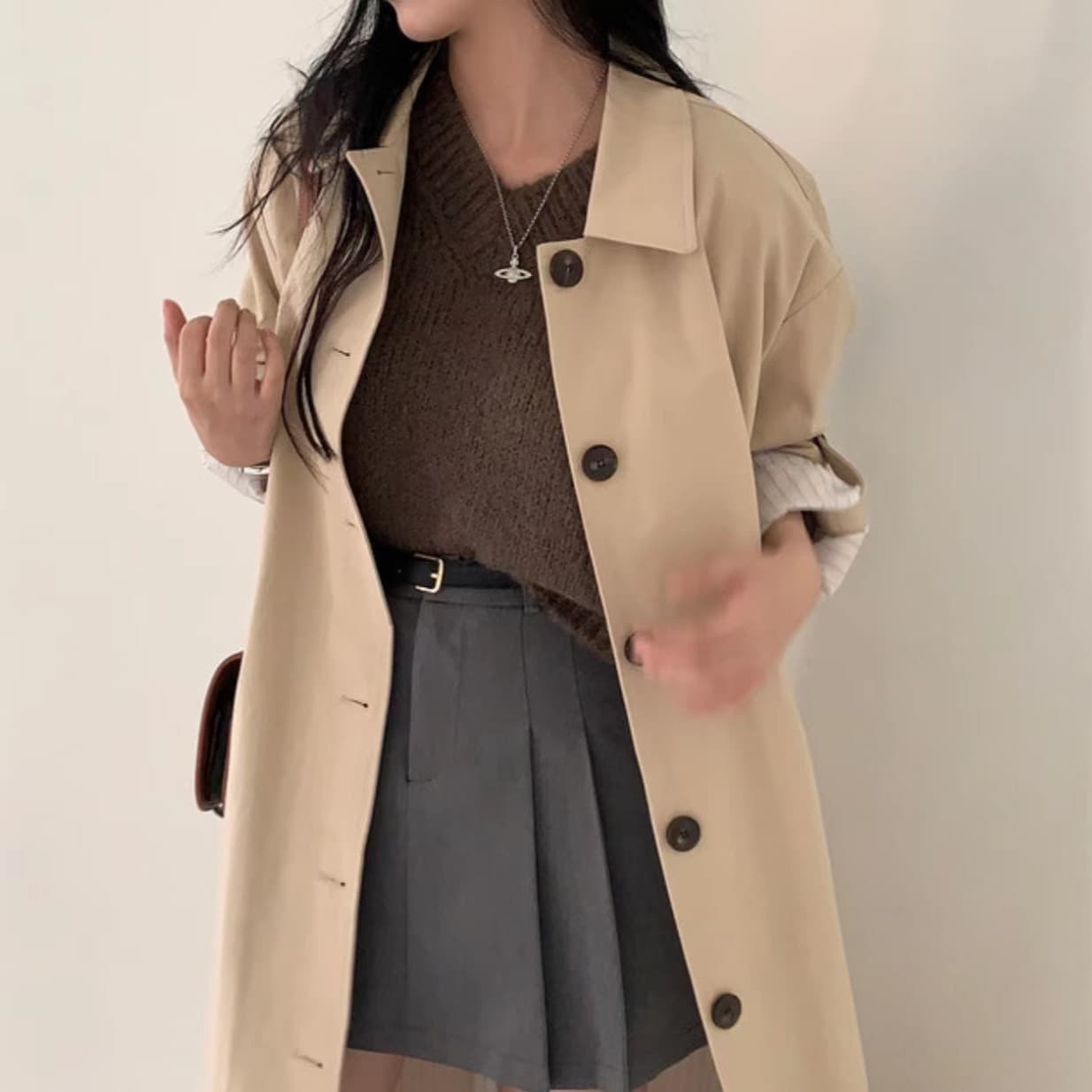 있음 선적 사이즈 업데이트 한국 chic 가을 겨울 한 부서 싱글 줄 버튼 롱 코트 바람막이 루즈핏 캐주얼 재킷 이미지 3