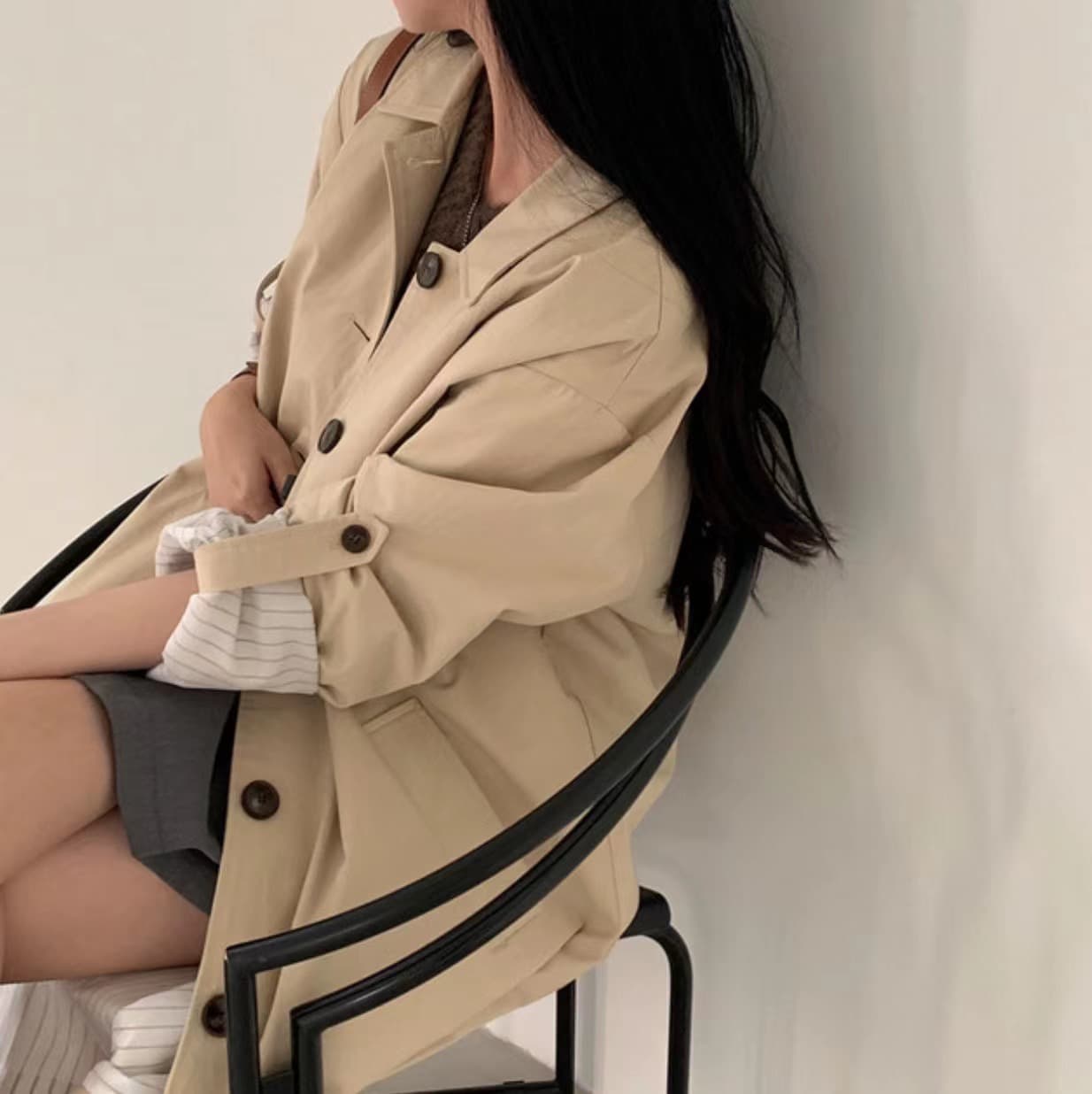 있음 선적 사이즈 업데이트 한국 chic 가을 겨울 한 부서 싱글 줄 버튼 롱 코트 바람막이 루즈핏 캐주얼 재킷 상세 이미지 6