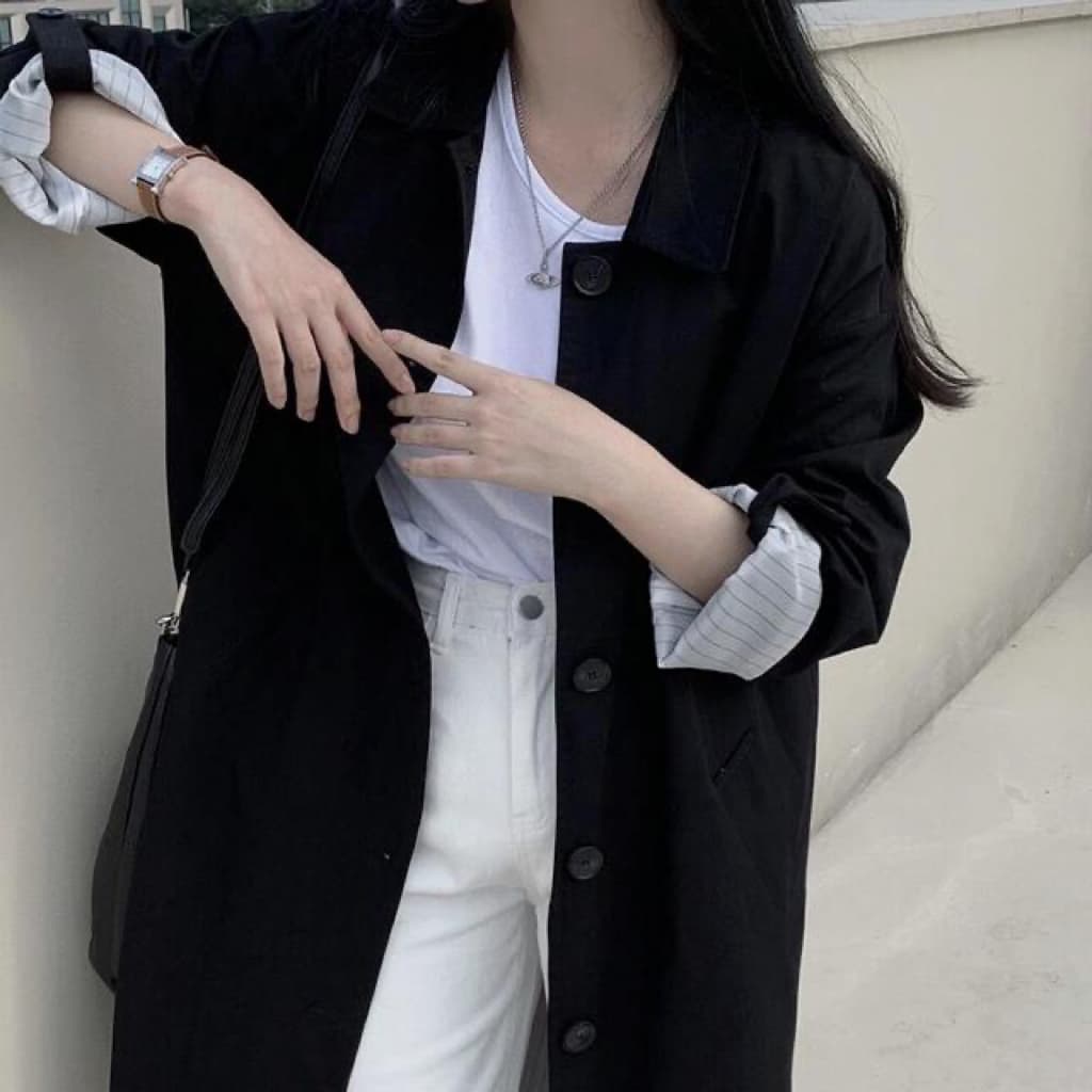 있음 선적 사이즈 업데이트 한국 chic 가을 겨울 한 부서 싱글 줄 버튼 롱 코트 바람막이 루즈핏 캐주얼 재킷 상세 이미지 21
