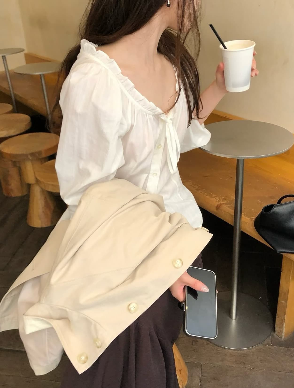 한국 chic 가을 새로운 한 부서 박하 사탕 대 u 칼라 펌프 로프 칼라 셔츠 상세 이미지 13
