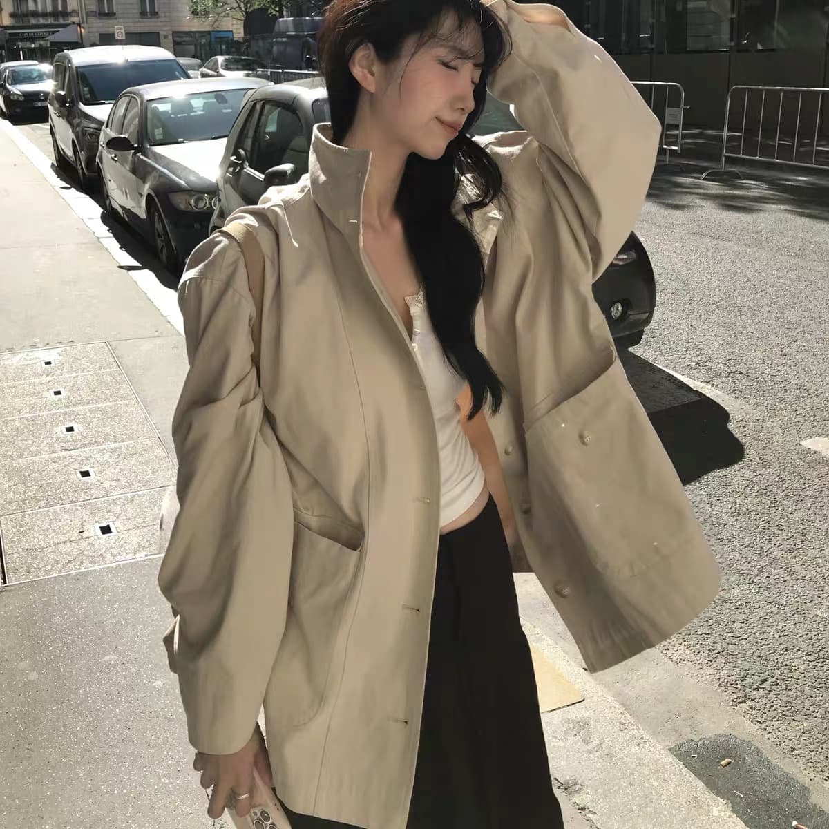 한국 chic 가을 겨울 새로운 한 부서 프로필 모양 스탠드 칼라 워크웨어 재킷 이미지 5