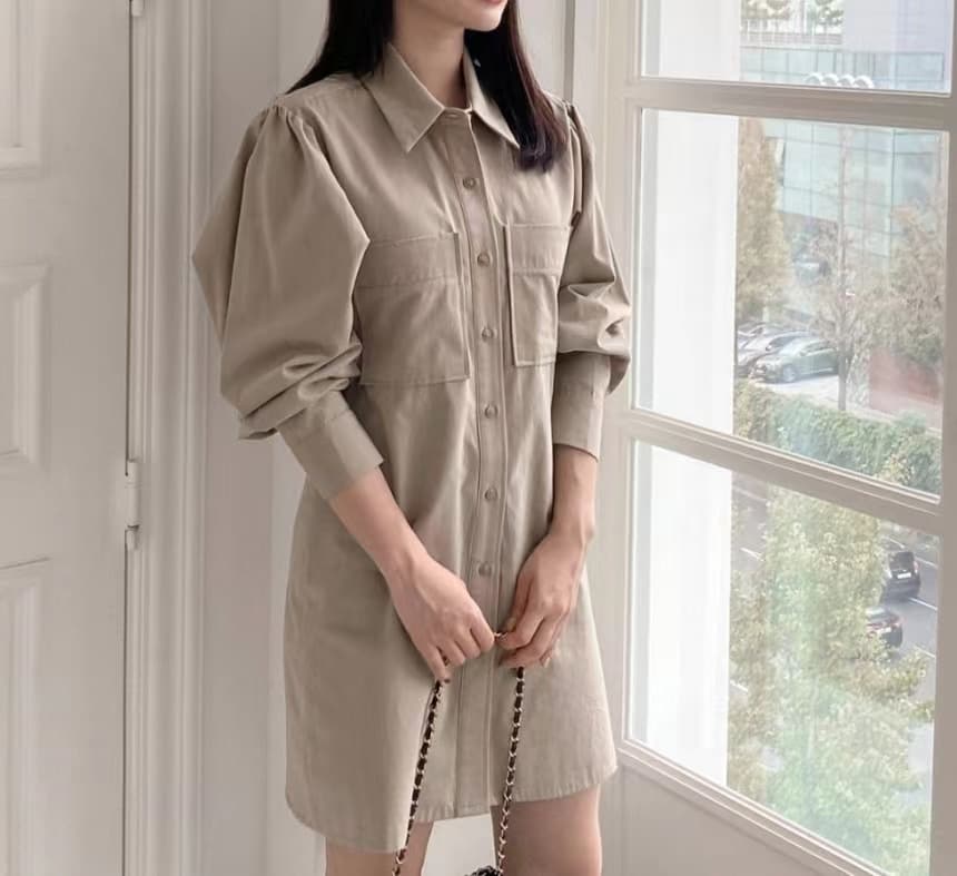 있음 선적 사이즈 업데이트 한국 chic 가을 새로운 거품 소매 셔츠 몸매 가꾸기 드레스 상세 이미지 2