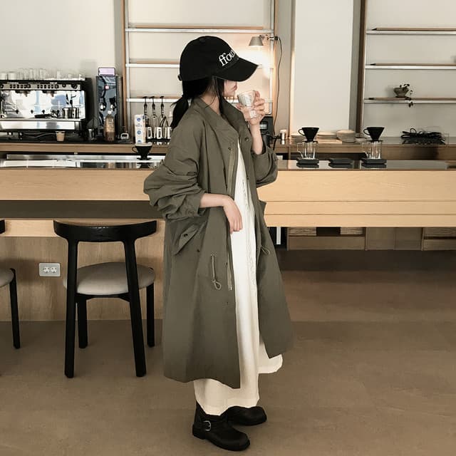 한국 chic 가을 겨울 새로운 한 부서 펌프 로프 슬림해 보이는 루즈핏 롱 코트 워크웨어 재킷 상세 이미지 4