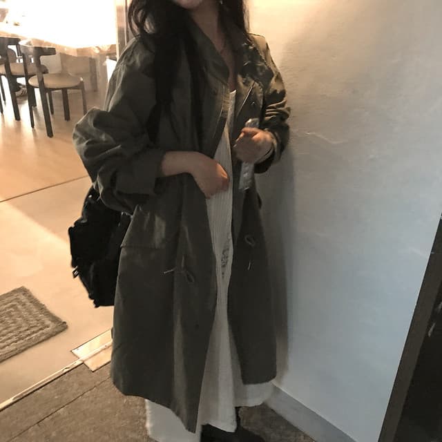 한국 chic 가을 겨울 새로운 한 부서 펌프 로프 슬림해 보이는 루즈핏 롱 코트 워크웨어 재킷 상세 이미지 12