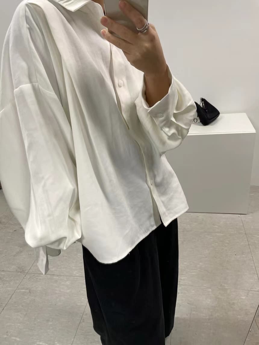 있음 선적 사이즈 업데이트 chic 가을 디자인 센스 뒤로 주름 폴로 칼라 긴팔 여성 셔츠 루즈핏 셔츠 이미지 4