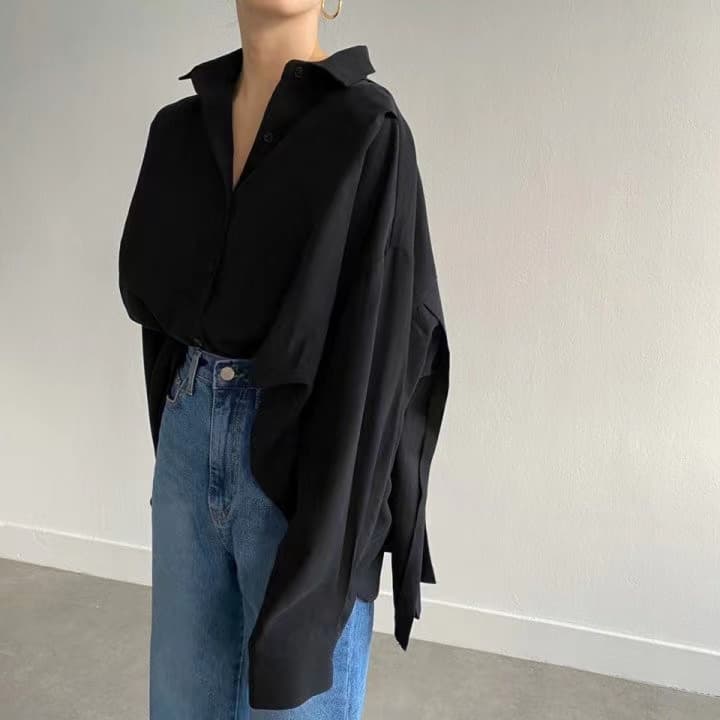 있음 선적 사이즈 업데이트 chic 가을 디자인 센스 뒤로 주름 폴로 칼라 긴팔 여성 셔츠 루즈핏 셔츠 상세 이미지 4