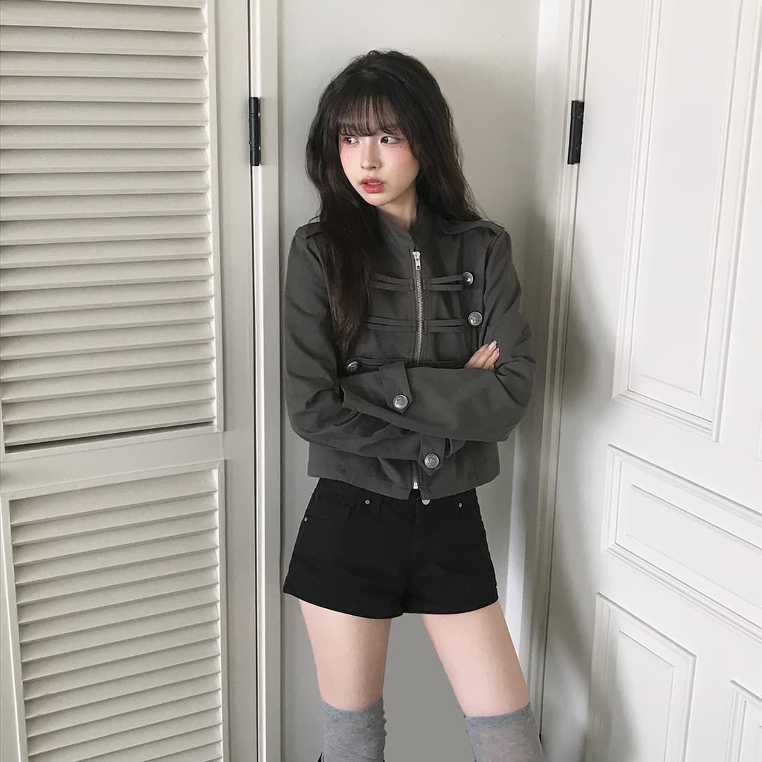 있음 선적 사이즈 업데이트 한국 chic 가을 겨울 새로운 레트로 스탠드 칼라 단추 지퍼 짧은 외투 상세 이미지 12