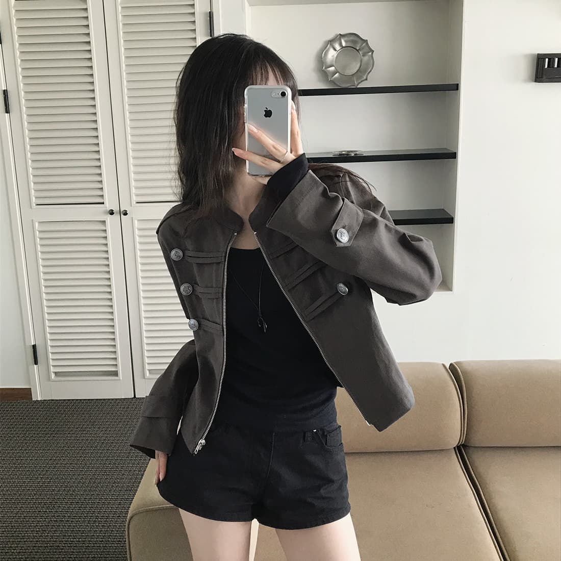 있음 선적 사이즈 업데이트 한국 chic 가을 겨울 새로운 레트로 스탠드 칼라 단추 지퍼 짧은 외투 상세 이미지 17