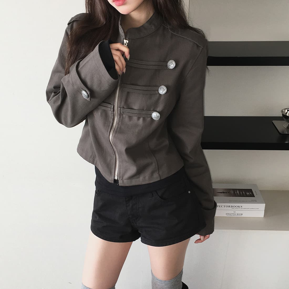 있음 선적 사이즈 업데이트 한국 chic 가을 겨울 새로운 레트로 스탠드 칼라 단추 지퍼 짧은 외투 상세 이미지 22