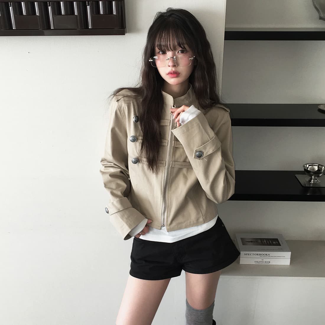 있음 선적 사이즈 업데이트 한국 chic 가을 겨울 새로운 레트로 스탠드 칼라 단추 지퍼 짧은 외투 상세 이미지 48