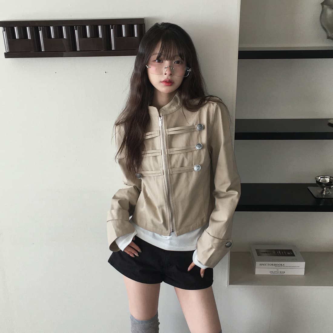 있음 선적 사이즈 업데이트 한국 chic 가을 겨울 새로운 레트로 스탠드 칼라 단추 지퍼 짧은 외투 상세 이미지 49