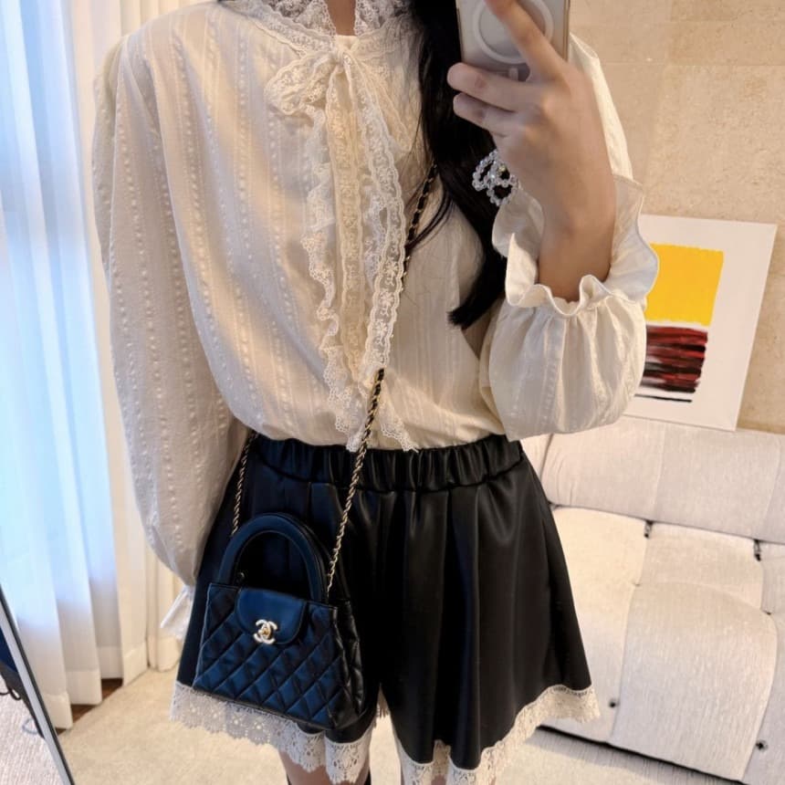 있음 선적 사이즈 업데이트 한국 chic 가을 겨울 신제품 달콤함 레이스 레이스업 나비 매듭 다용도 긴팔 셔츠