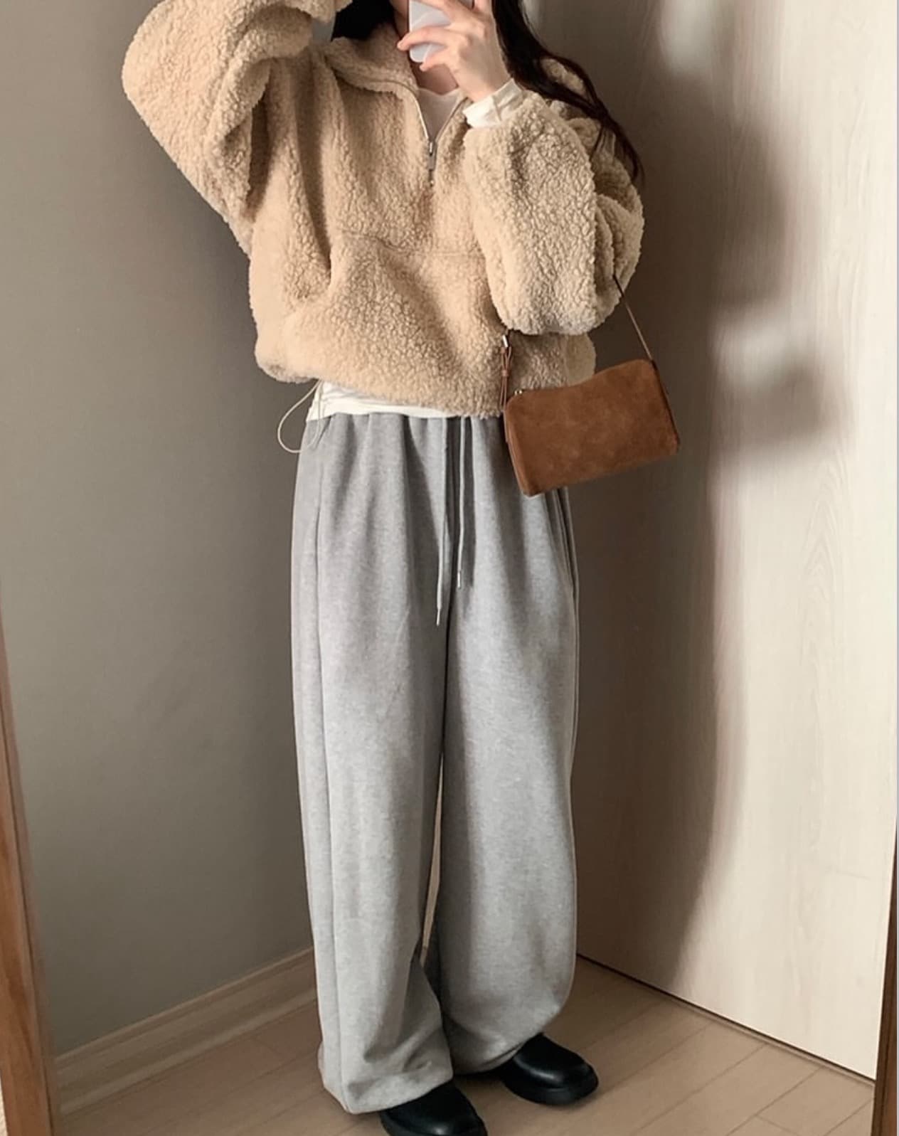 있음 선적 사이즈 업데이트 한국 chic 겨울 새로운 하프 지퍼 풀오버 느긋한 루즈핏 양털 후드티 상세 이미지 5
