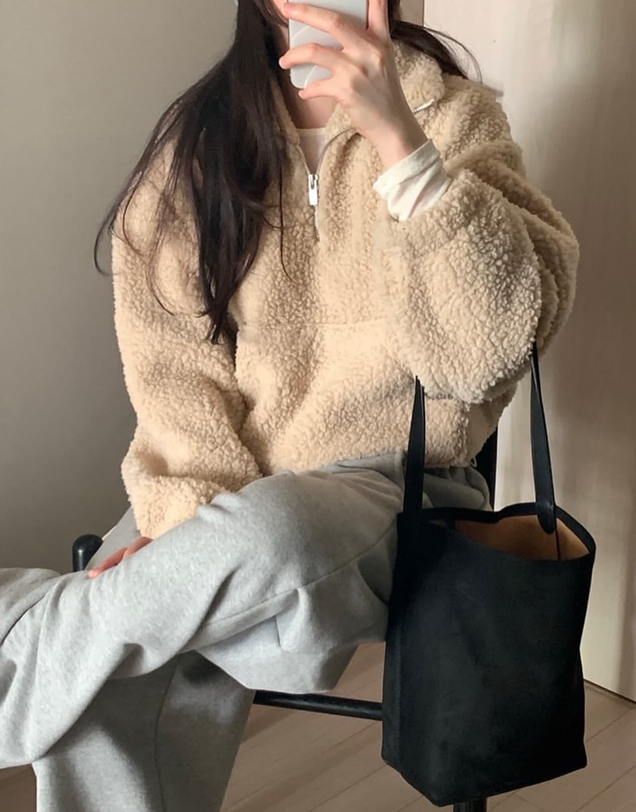 있음 선적 사이즈 업데이트 한국 chic 겨울 새로운 하프 지퍼 풀오버 느긋한 루즈핏 양털 후드티 상세 이미지 11