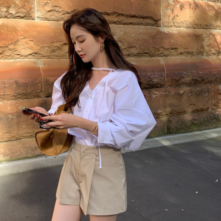 있음 선적 사이즈 업데이트 한국 chic 가을 겨울 프랑스식 레트로 디자인 센스 V넥 미니멀리즘 긴팔 셔츠