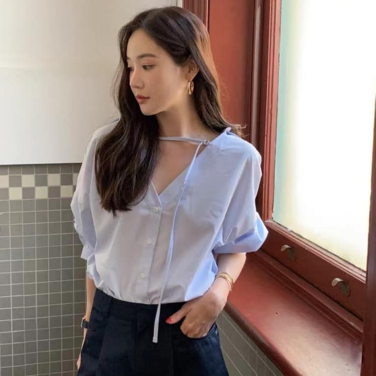 있음 선적 사이즈 업데이트 한국 chic 가을 겨울 프랑스식 레트로 디자인 센스 V넥 미니멀리즘 긴팔 셔츠 이미지 4