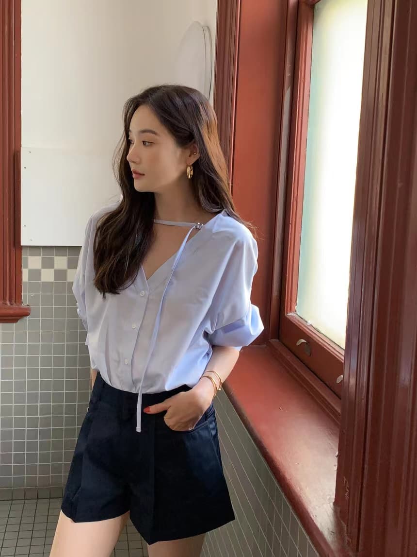 있음 선적 사이즈 업데이트 한국 chic 가을 겨울 프랑스식 레트로 디자인 센스 V넥 미니멀리즘 긴팔 셔츠 상세 이미지 23