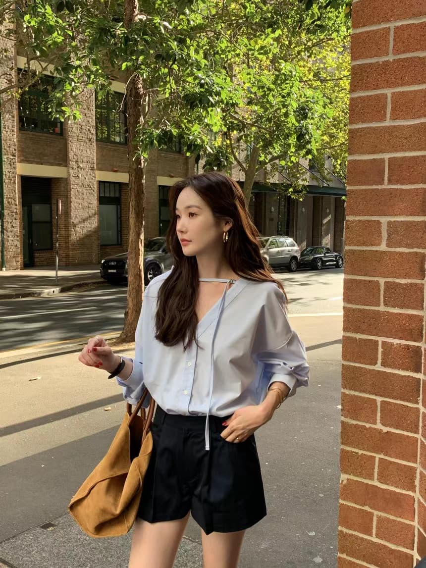 있음 선적 사이즈 업데이트 한국 chic 가을 겨울 프랑스식 레트로 디자인 센스 V넥 미니멀리즘 긴팔 셔츠 상세 이미지 27