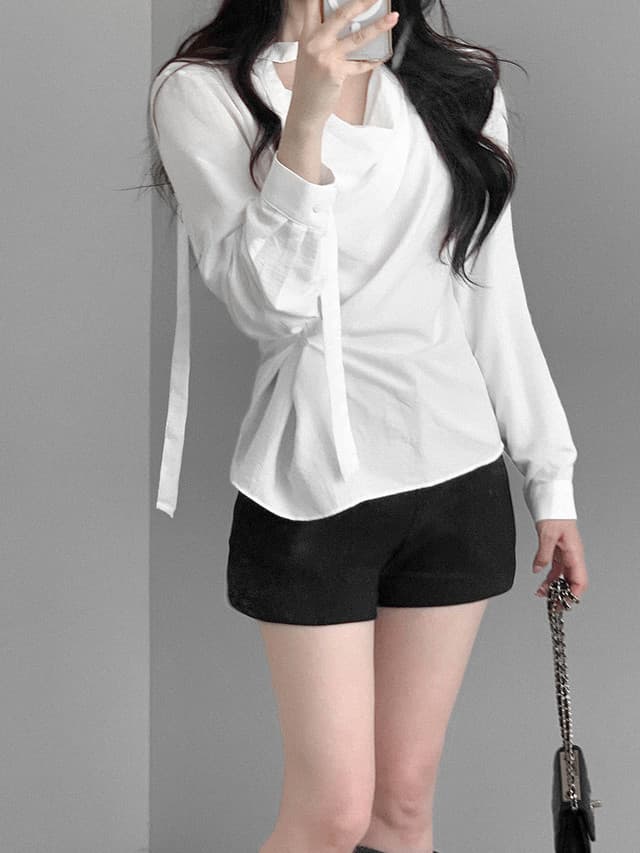 있음 선적 한국 chic 가을 겨울 새로운 ins 행침 목 리본 디자인 센스 측면 부서 버클 긴팔 셔츠 상세 이미지 15