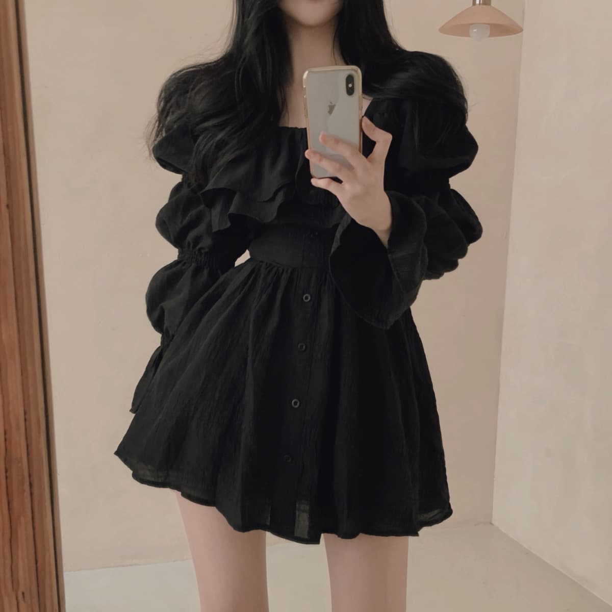 있음 선적 사이즈 업데이트 한국 chic 가을 프랑스식 달콤함 공주 소매 프릴 슬림해 보이는 드레스 이미지 2