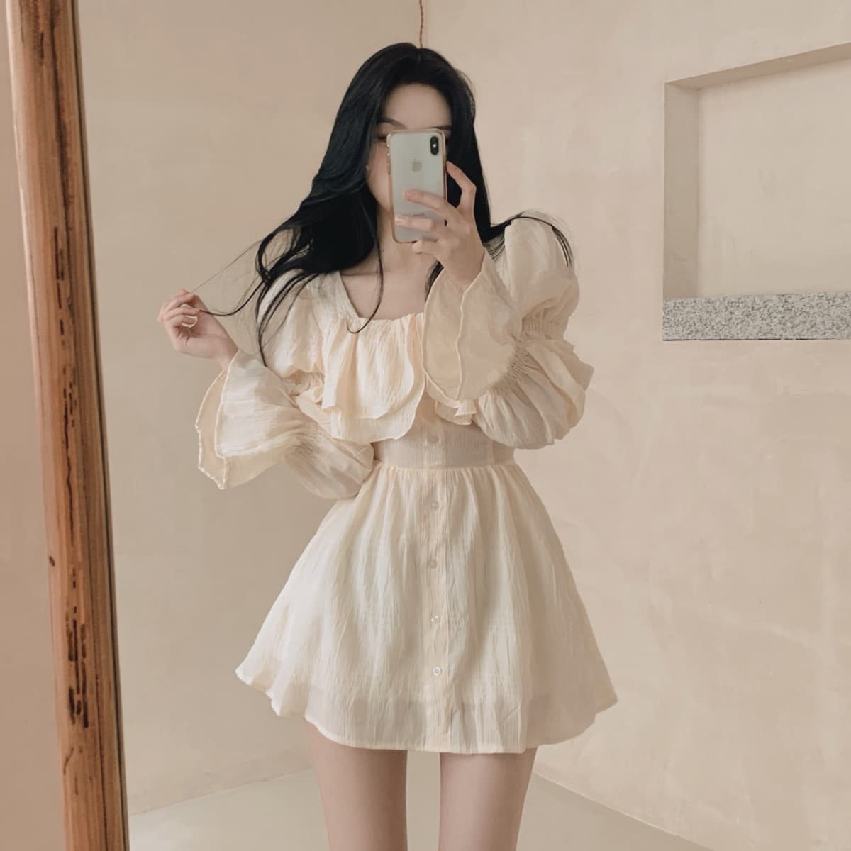 있음 선적 사이즈 업데이트 한국 chic 가을 프랑스식 달콤함 공주 소매 프릴 슬림해 보이는 드레스 상세 이미지 1