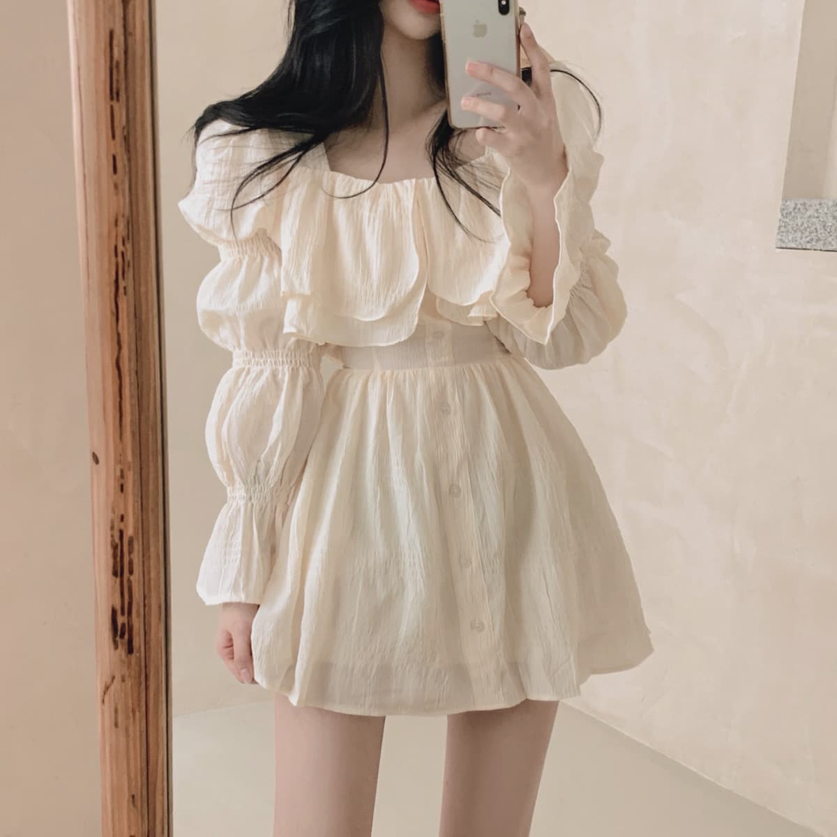 있음 선적 사이즈 업데이트 한국 chic 가을 프랑스식 달콤함 공주 소매 프릴 슬림해 보이는 드레스 상세 이미지 5