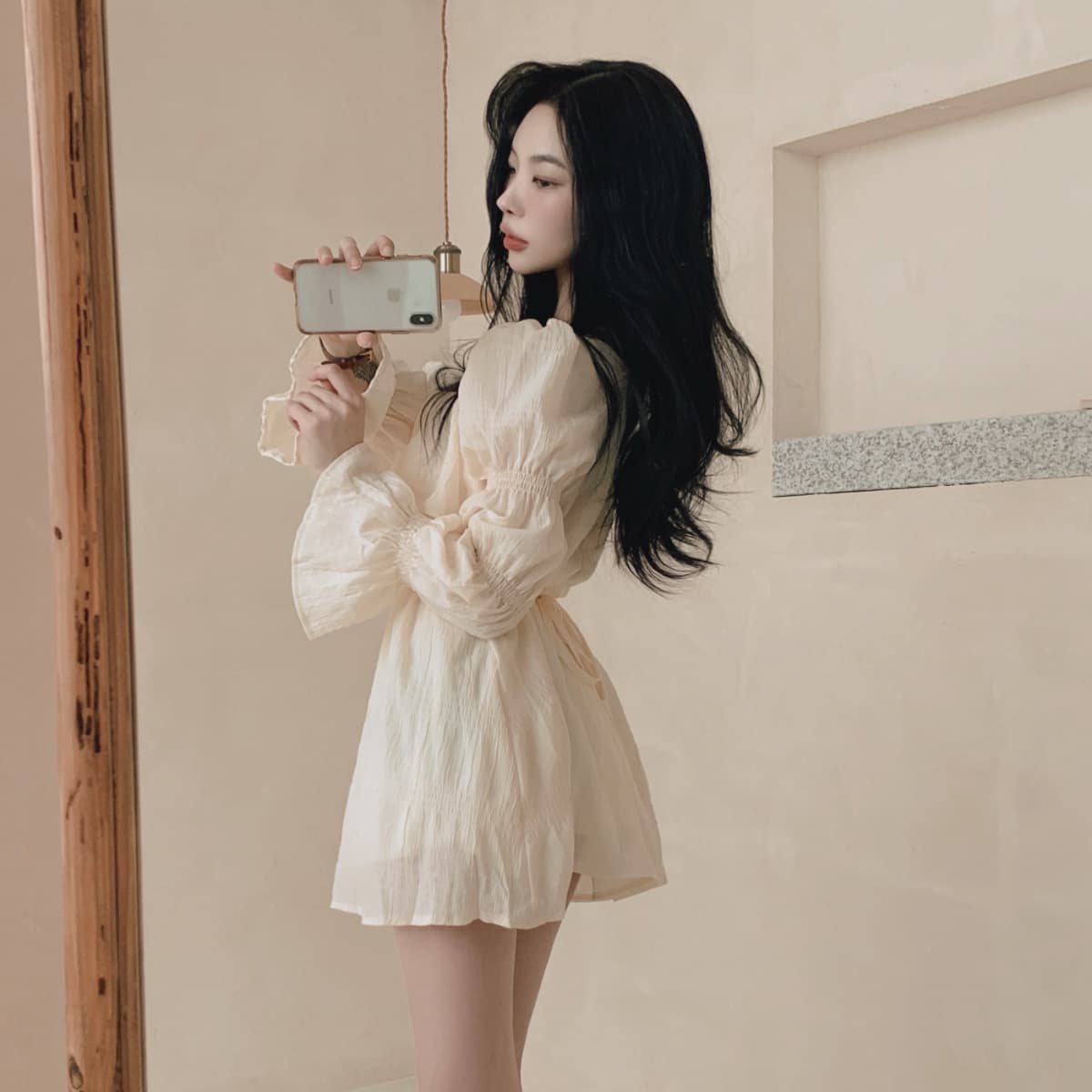 있음 선적 사이즈 업데이트 한국 chic 가을 프랑스식 달콤함 공주 소매 프릴 슬림해 보이는 드레스 상세 이미지 6