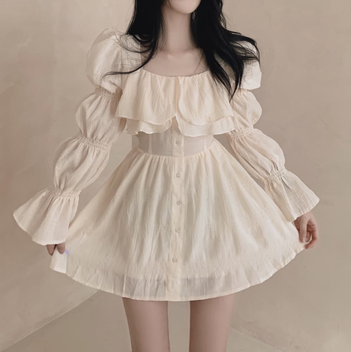있음 선적 사이즈 업데이트 한국 chic 가을 프랑스식 달콤함 공주 소매 프릴 슬림해 보이는 드레스 상세 이미지 8