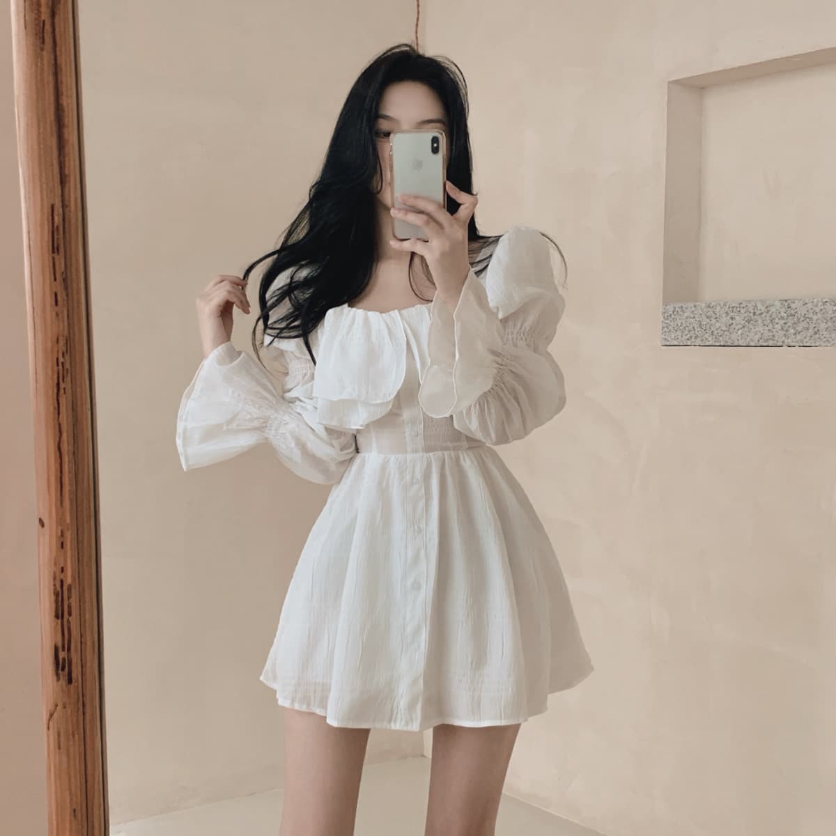 있음 선적 사이즈 업데이트 한국 chic 가을 프랑스식 달콤함 공주 소매 프릴 슬림해 보이는 드레스 상세 이미지 9
